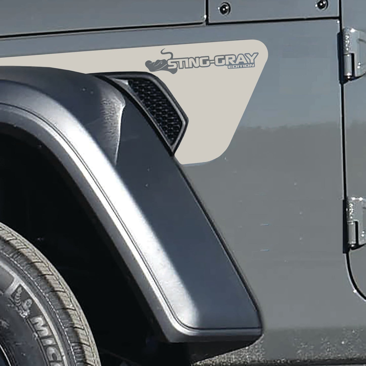 Sting-Gray Edition 2pc Fender Vent Vinyl Transfer Decals for 18+ Wrangler JL JLU Gladiator JT